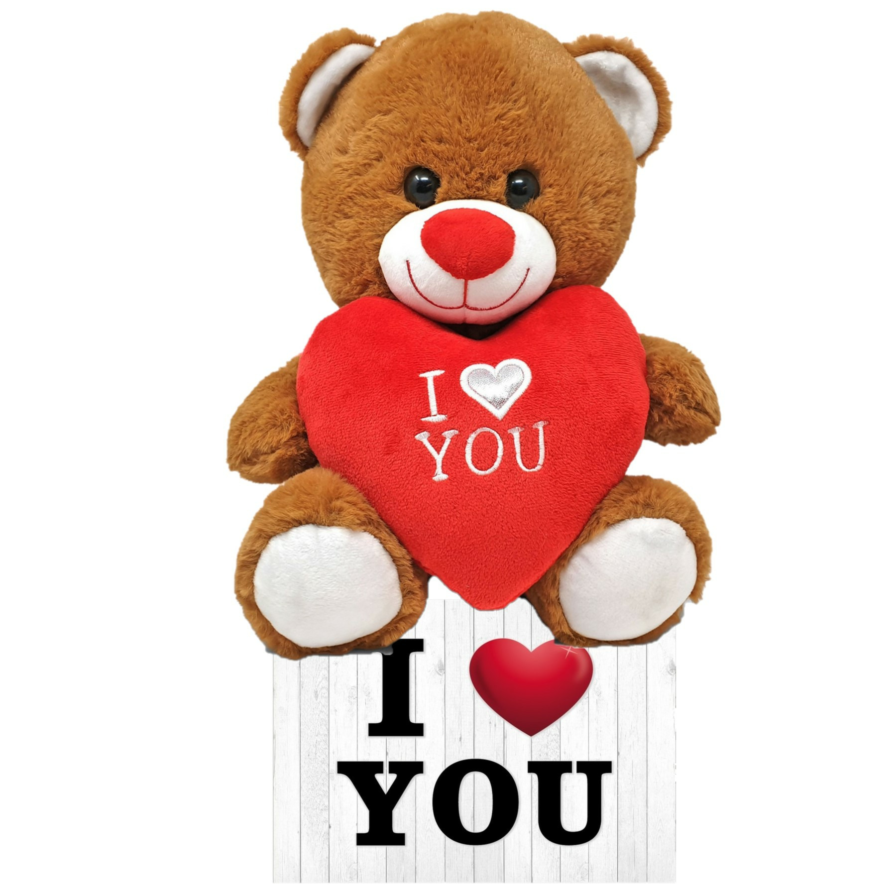 Donker bruine pluche knuffelbeer 30 cm incl. Valentijnskaart I Love You -
