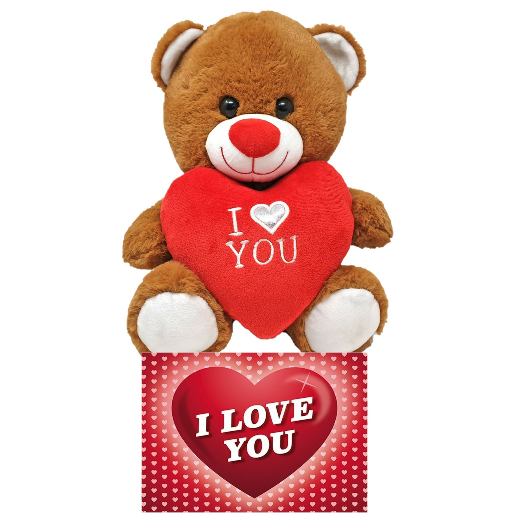 Donker bruine pluche knuffelbeer 20 cm incl. Valentijnskaart I Love You -