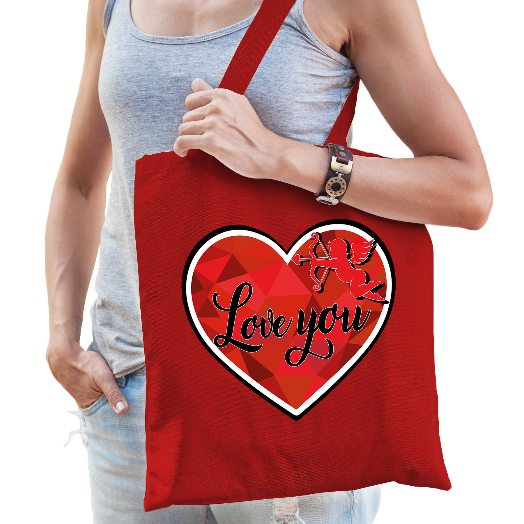 Cadeau tasje valentijn - Love you - rood katoen -