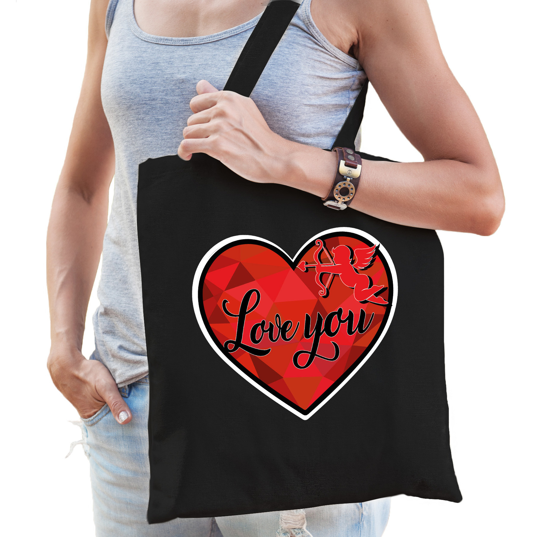 Cadeau tasje valentijn - Love you - zwart katoen -