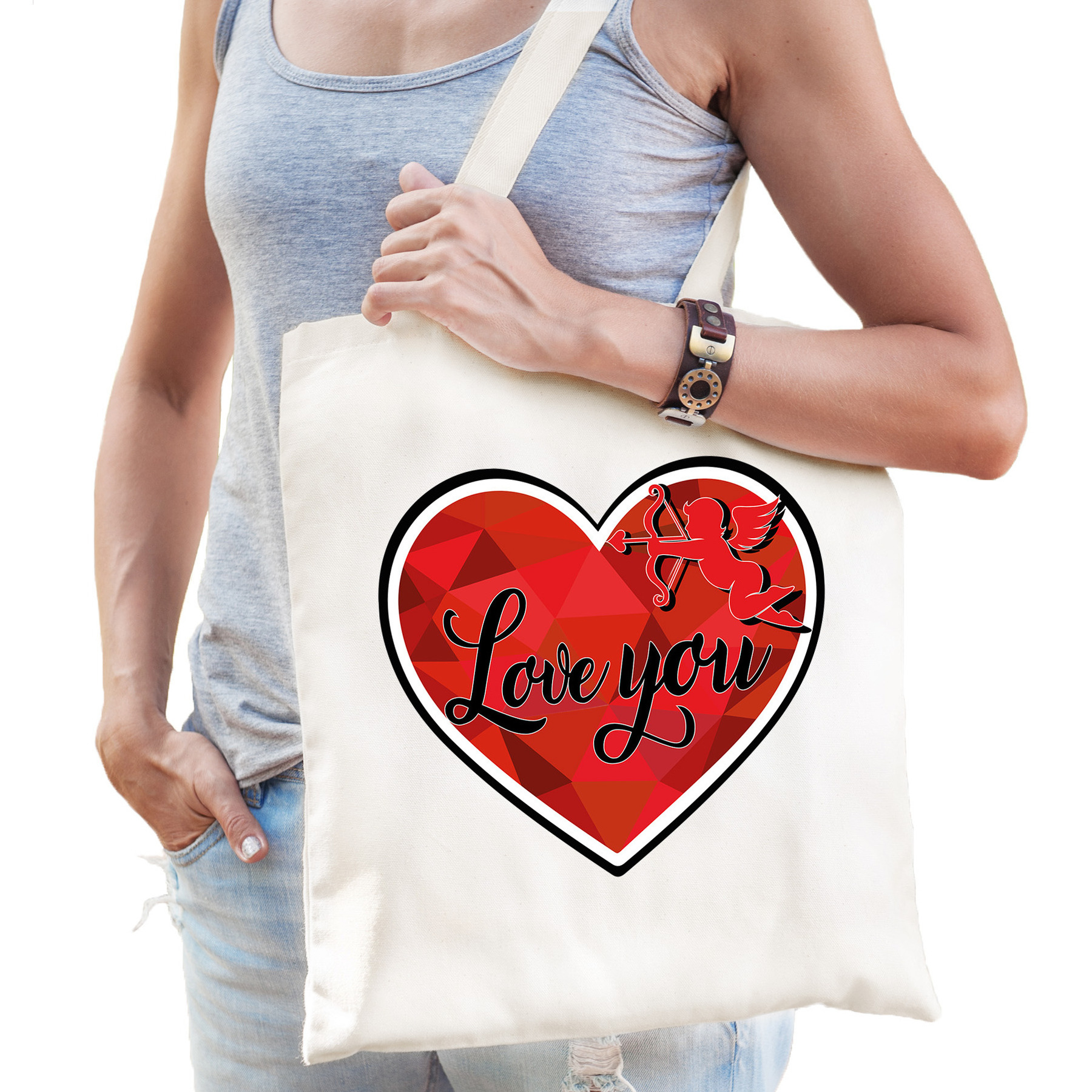 Cadeau tasje valentijn - Love you - naturel wit katoen -