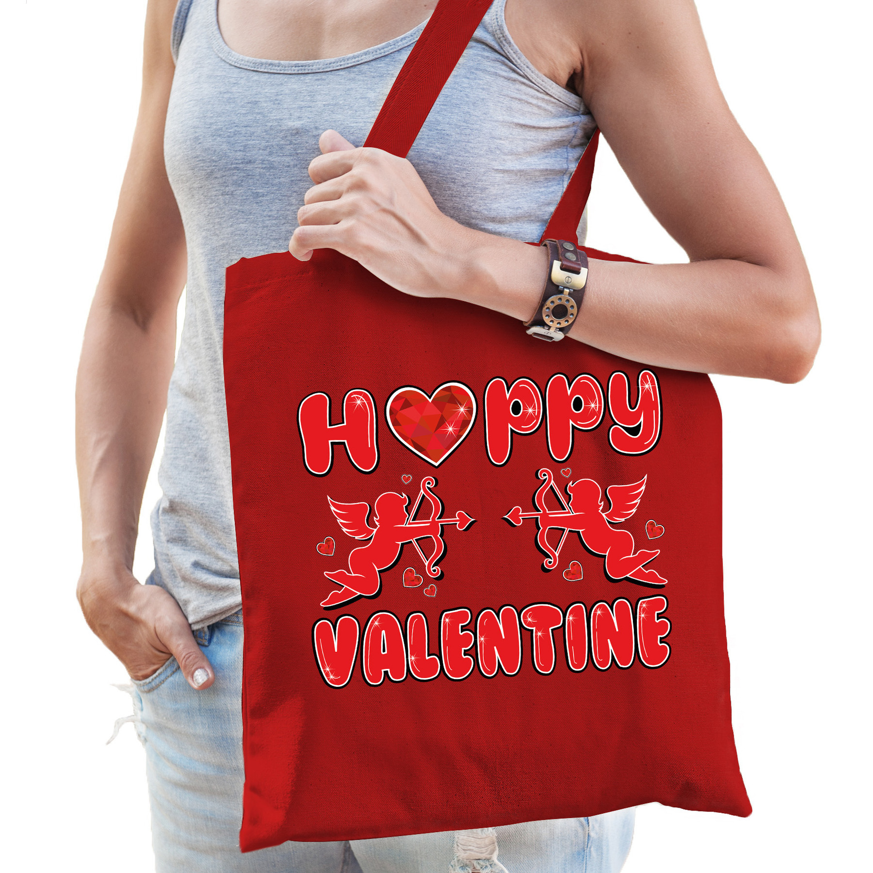 Cadeau tasje Valentijn - Happy Valentine - rood katoen -