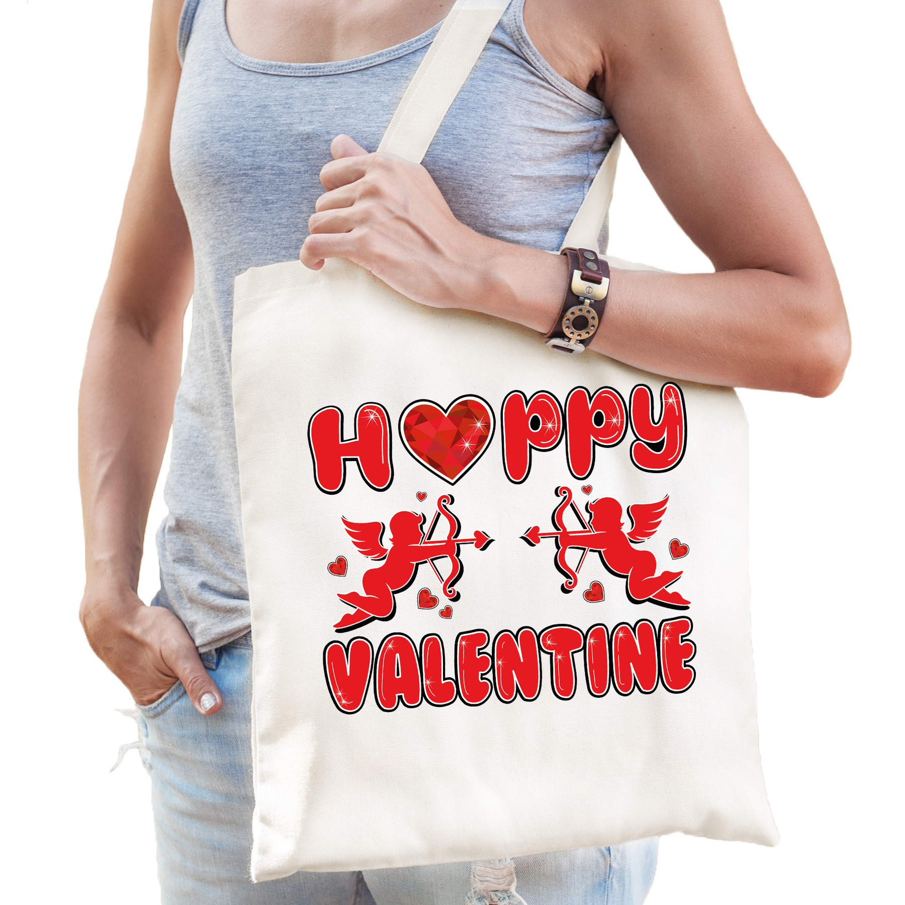 Cadeau tasje valentijn - Happy Valentine - naturel wit - katoen - 42 x 38 cm -