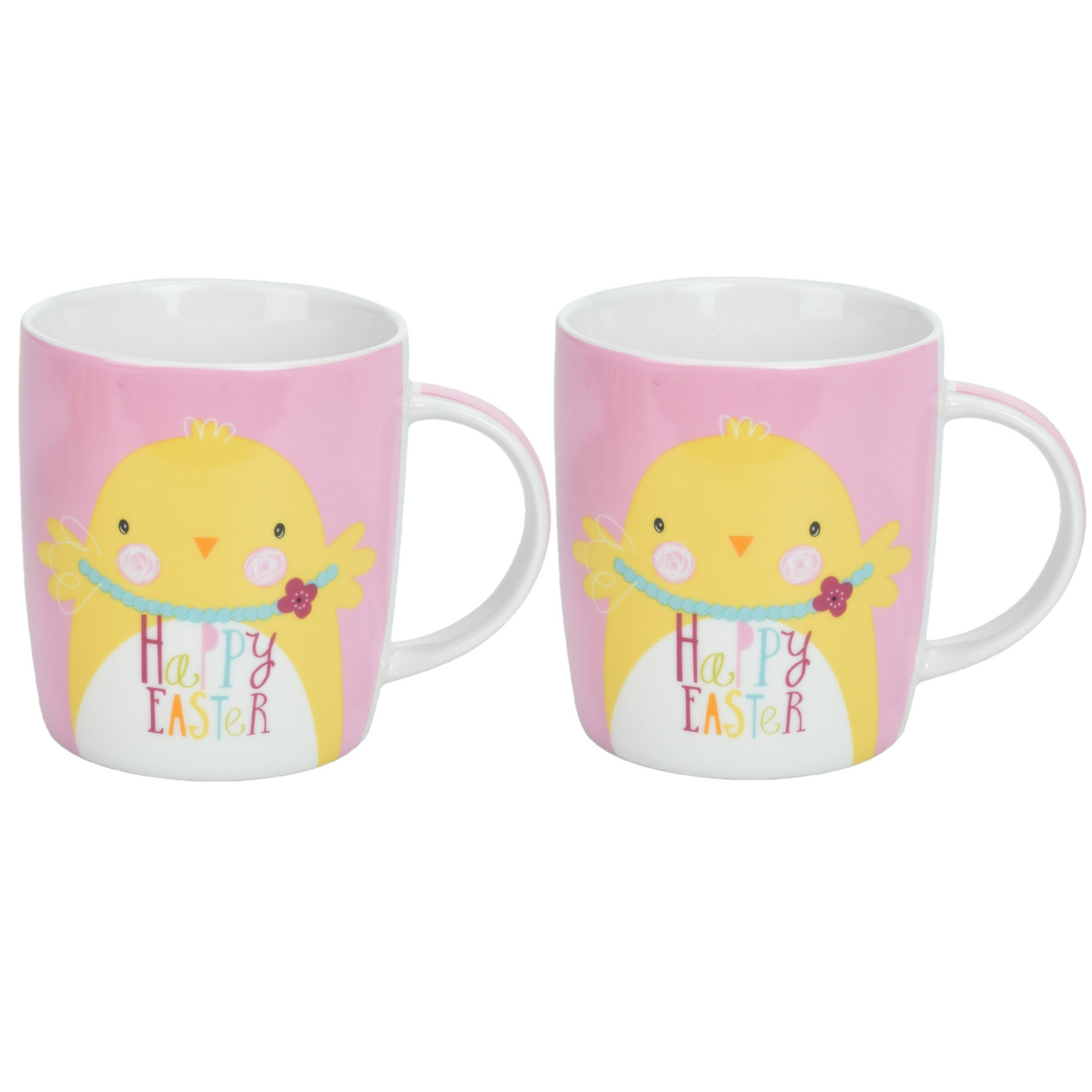 Set van 2x Pasen thema mok met paaskuiken - roze - porselein - 370 ml -