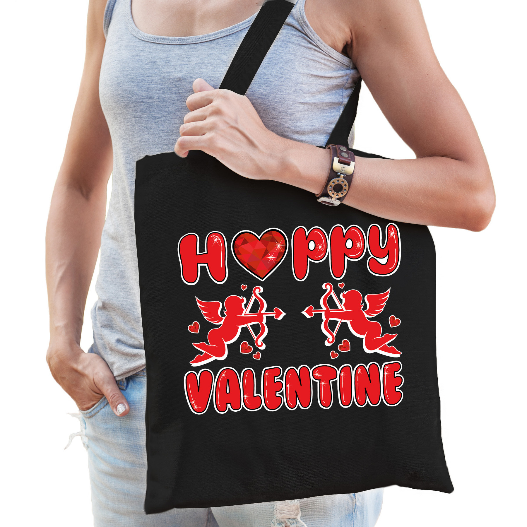 Cadeau tasje valentijn - Happy Valentine - zwart katoen -