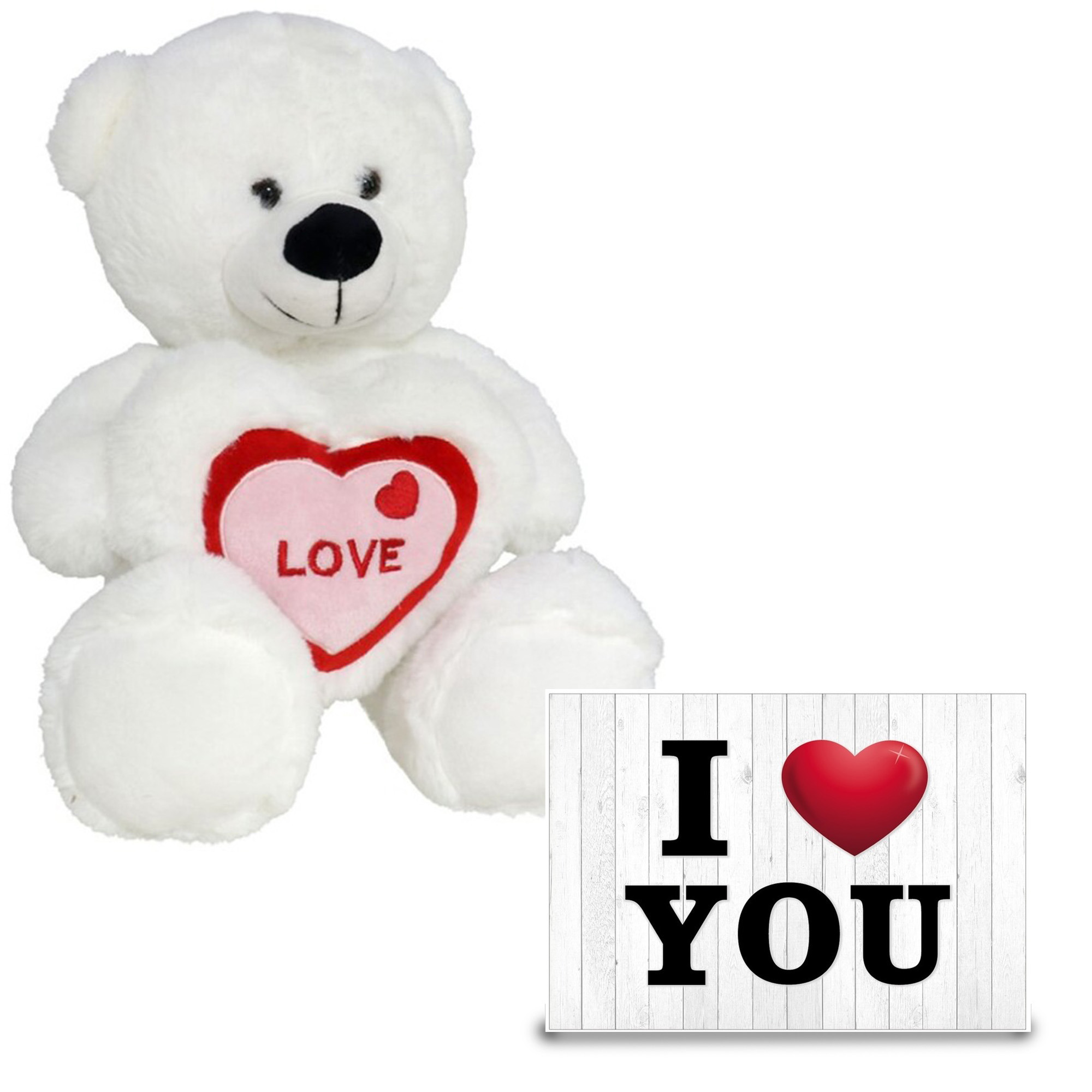 Pluche knuffel Valentijn I Love You beertje 20cm met hartjes wenskaart -
