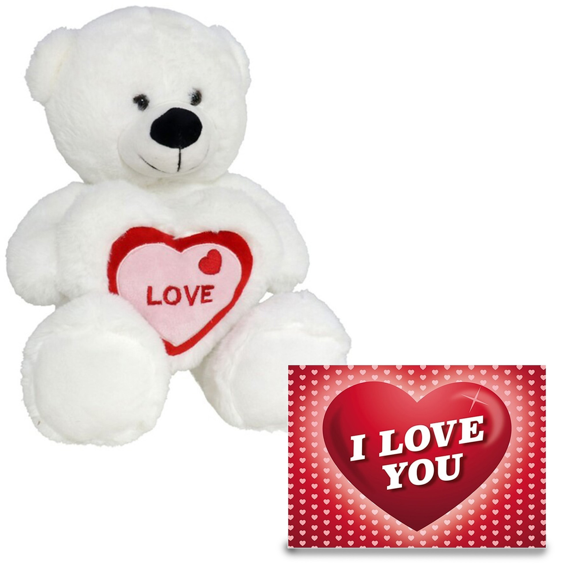Pluche knuffel Valentijn I Love You beertje 20cm met hartjes wenskaart -