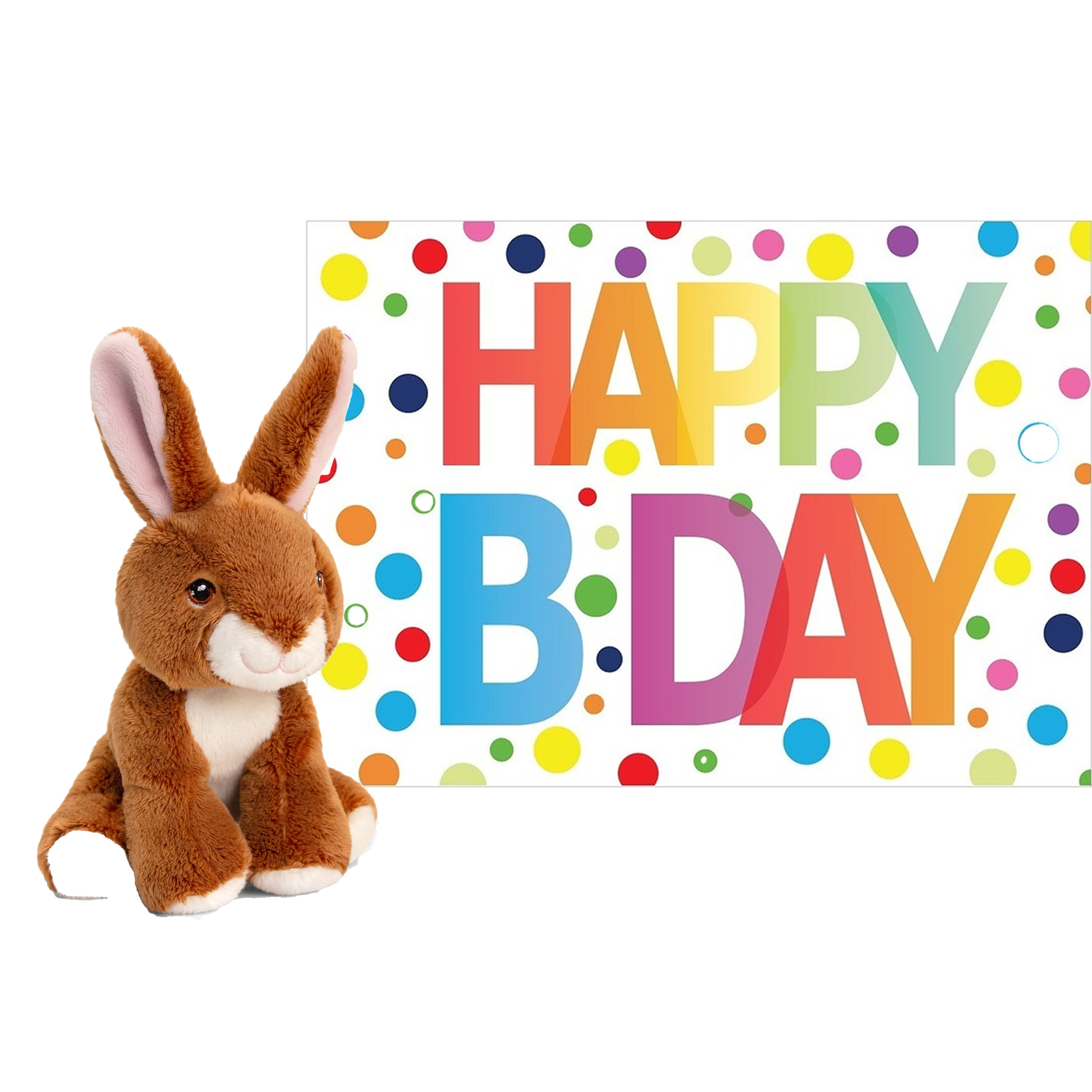 Pluche dieren knuffel konijn 12 cm met Happy Birthday wenskaart -