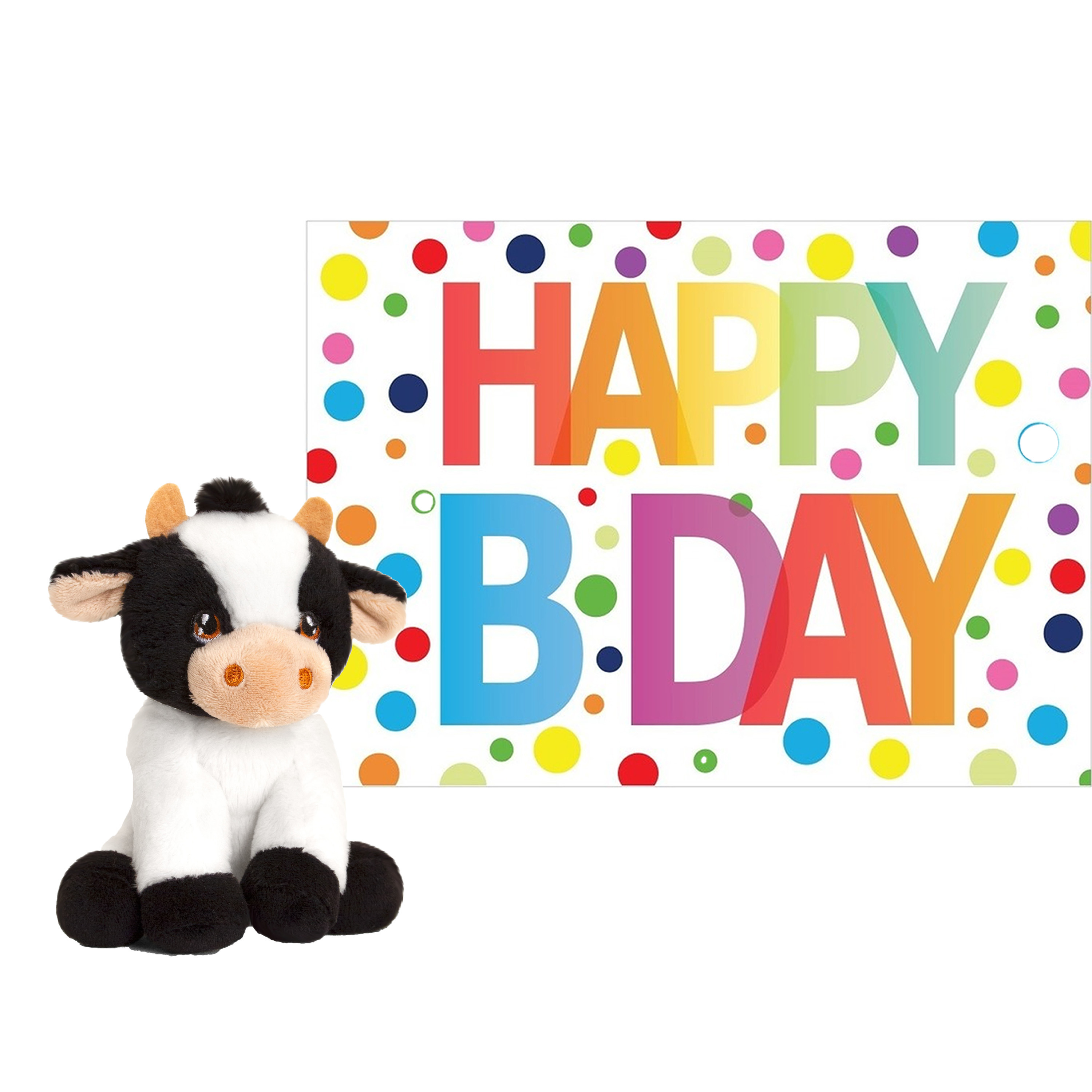 Pluche dieren knuffel koe 12 cm met Happy Birthday wenskaart -
