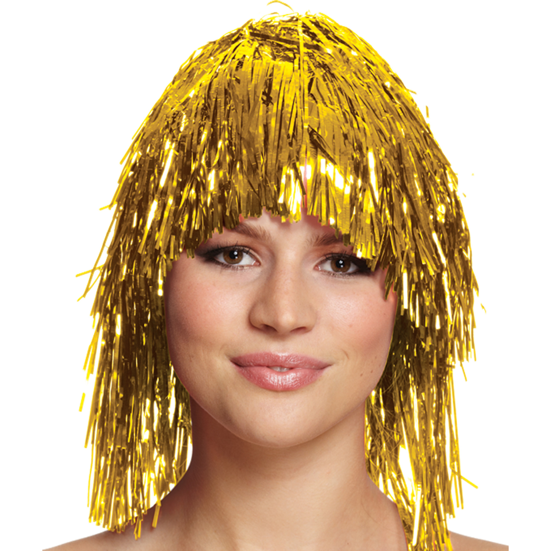 Dames tinsel/folie carnaval pruik - goud kleur - disco/eighties -