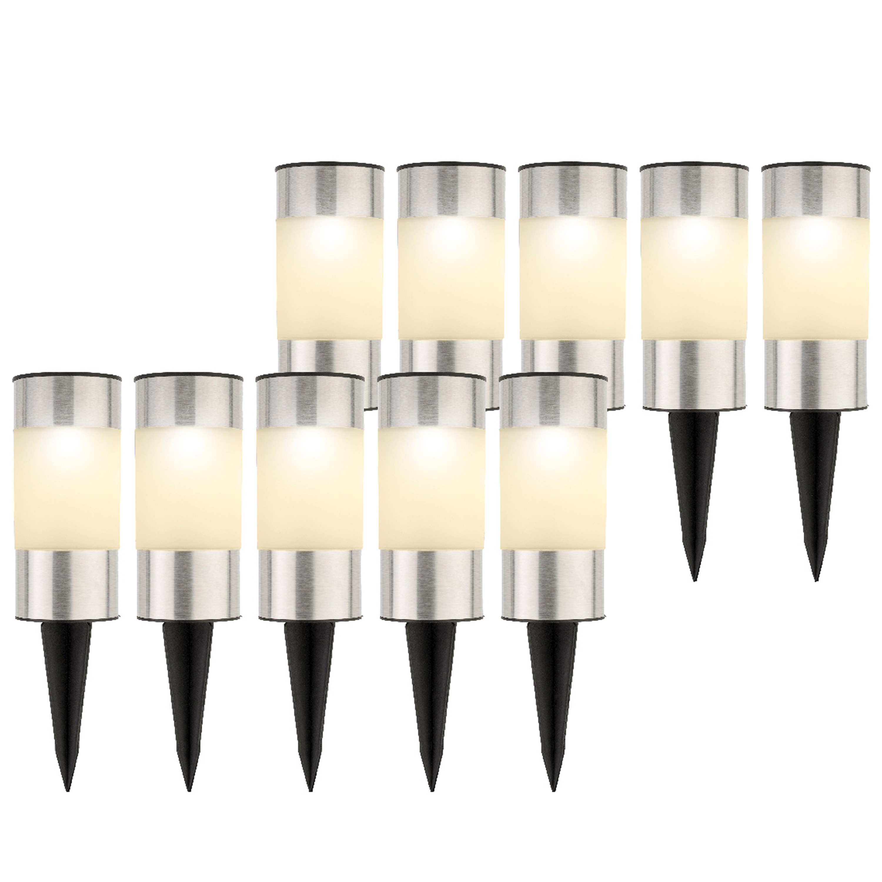 10x stuks solar prikspots/tuinspots - rvs - H14 cm - warm wit -