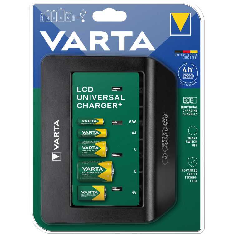 VARTA LCD Universal Charger+ oplader Laadt tot 4x AA, AAA, C, D of 1x 9V