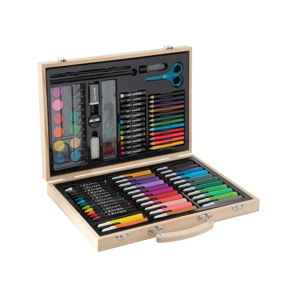 Teken en verf set - 86-delig - in houten koffer - hobbymateriaal - tekenkoffer -