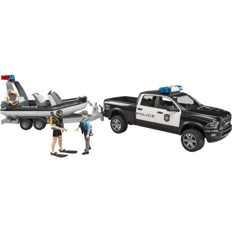 bruder RAM 2500 politietruck met boot + trailer en 2 figuren modelvoertuig 02507
