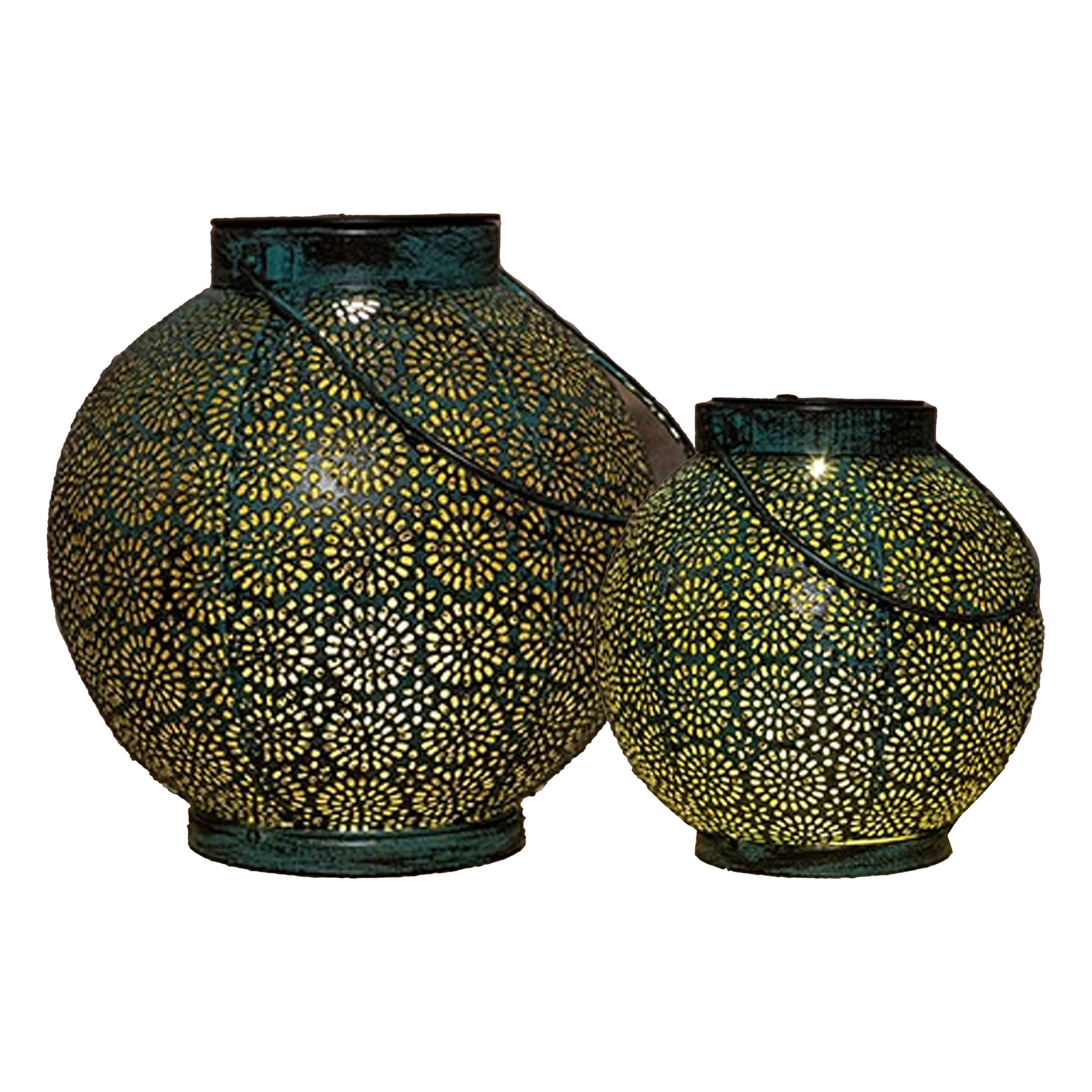 Solar lantaarn set - 2-delig - antiek - turquoise - metaal - 16 x 14 / 19 x 18 cm -