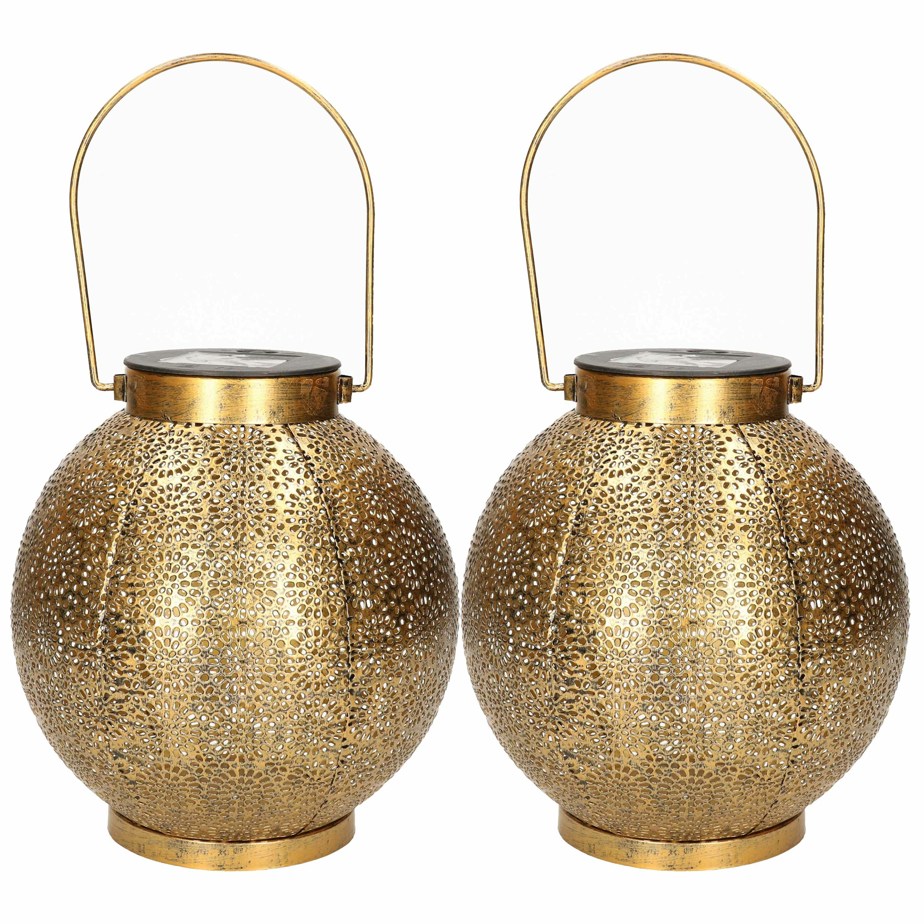 Solar lantaarn - 2x - vlam effect - antiek - goud - metaal - 18 x 19 cm -