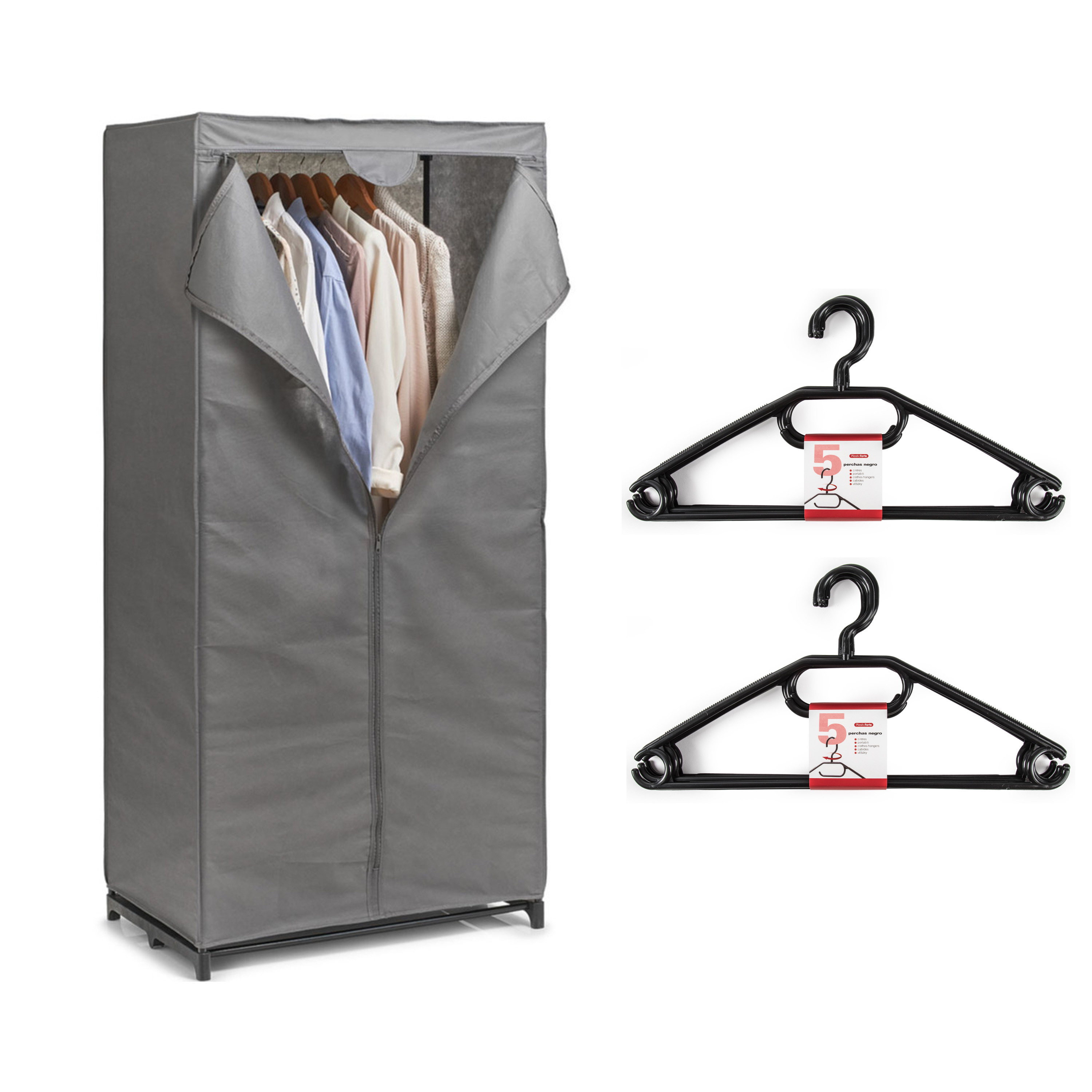 Mobiele kledingkast met kleding hangers - enkele stang - kunststof/metaal - grijs - 50 x 160 x 75 cm -