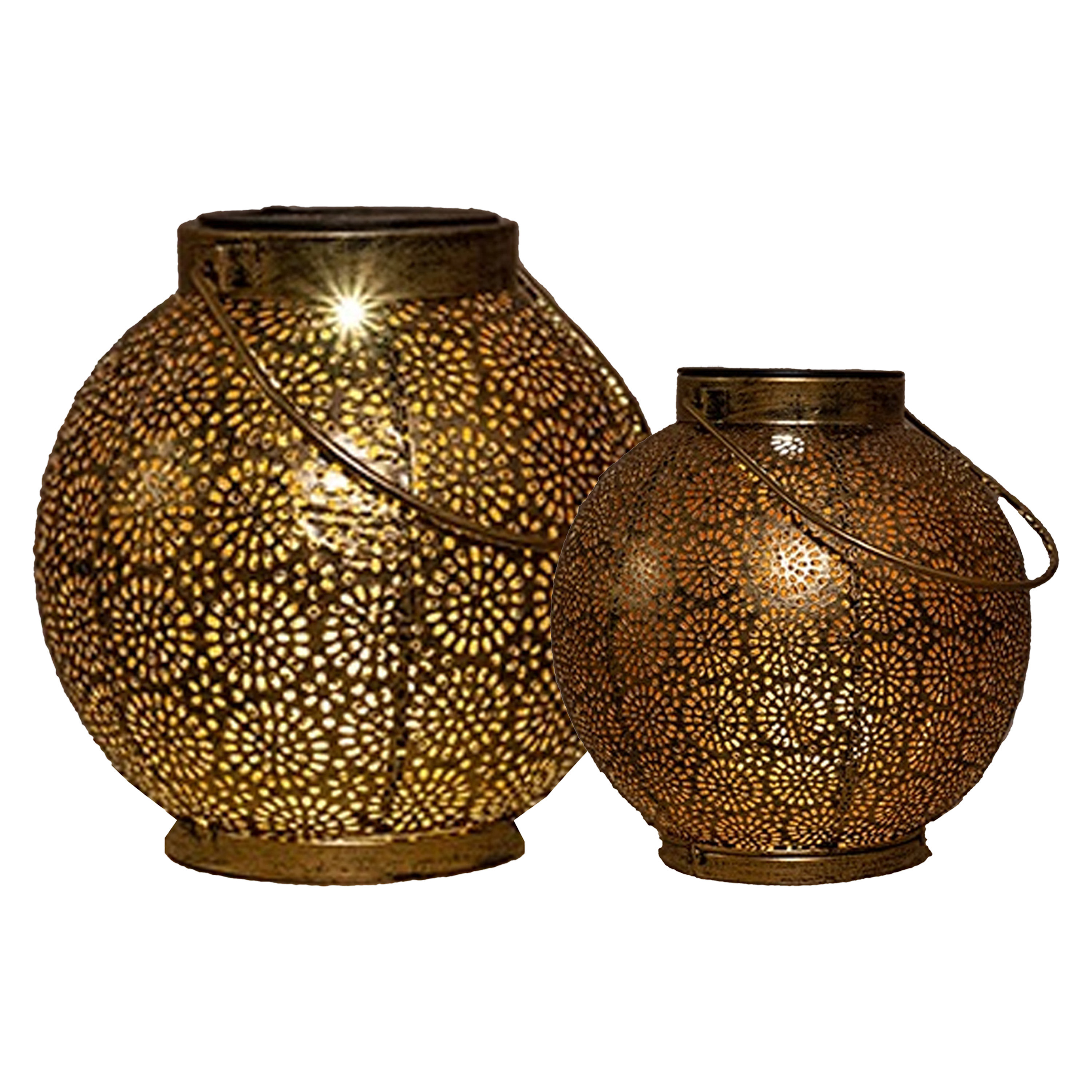 Solar lantaarn set - 2-delig - antiek - goud - metaal - 16 x 14 / 19 x 18 cm -