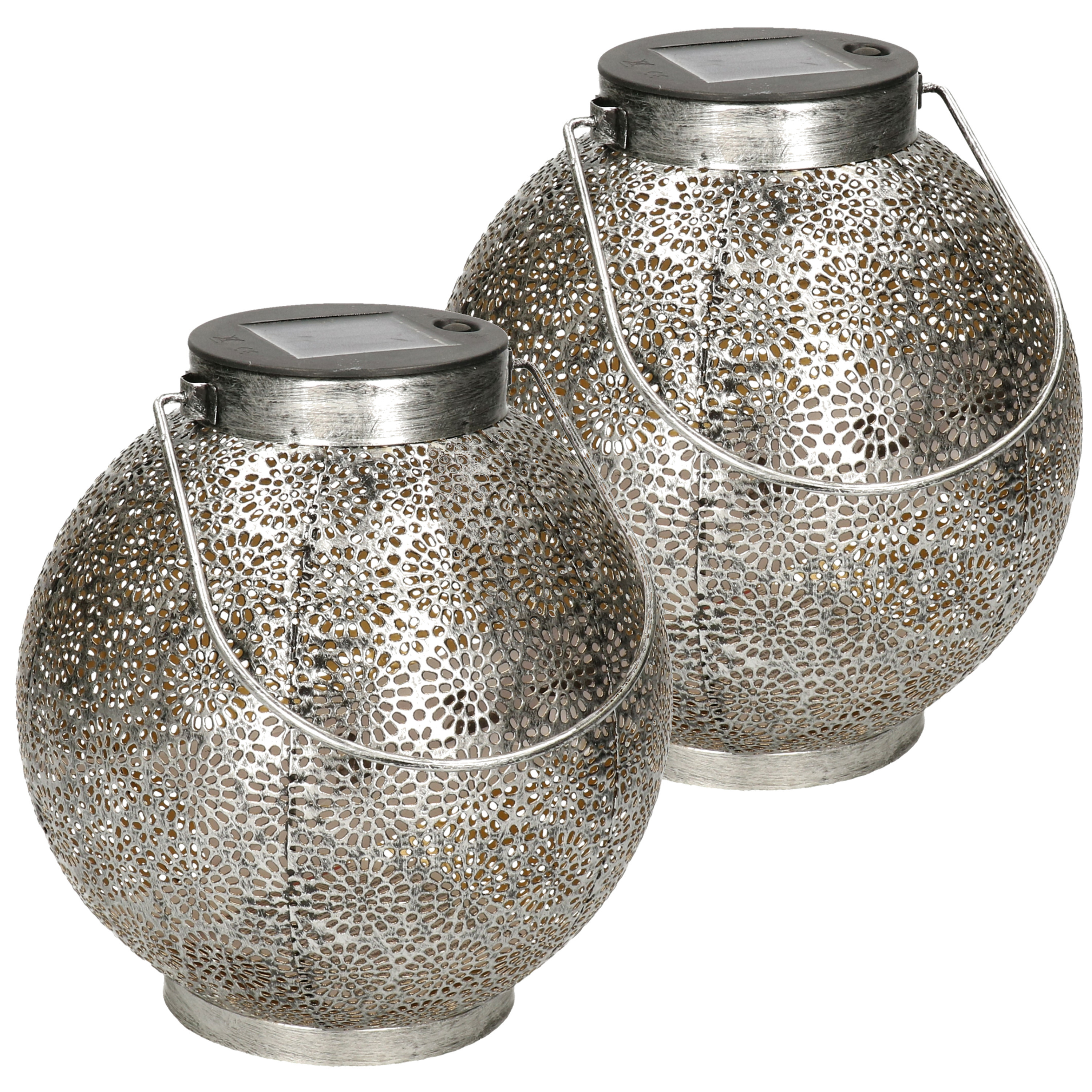 Solar lantaarn - 2x - vlam effect - antiek - zilver - metaal - 14 x 16 cm -