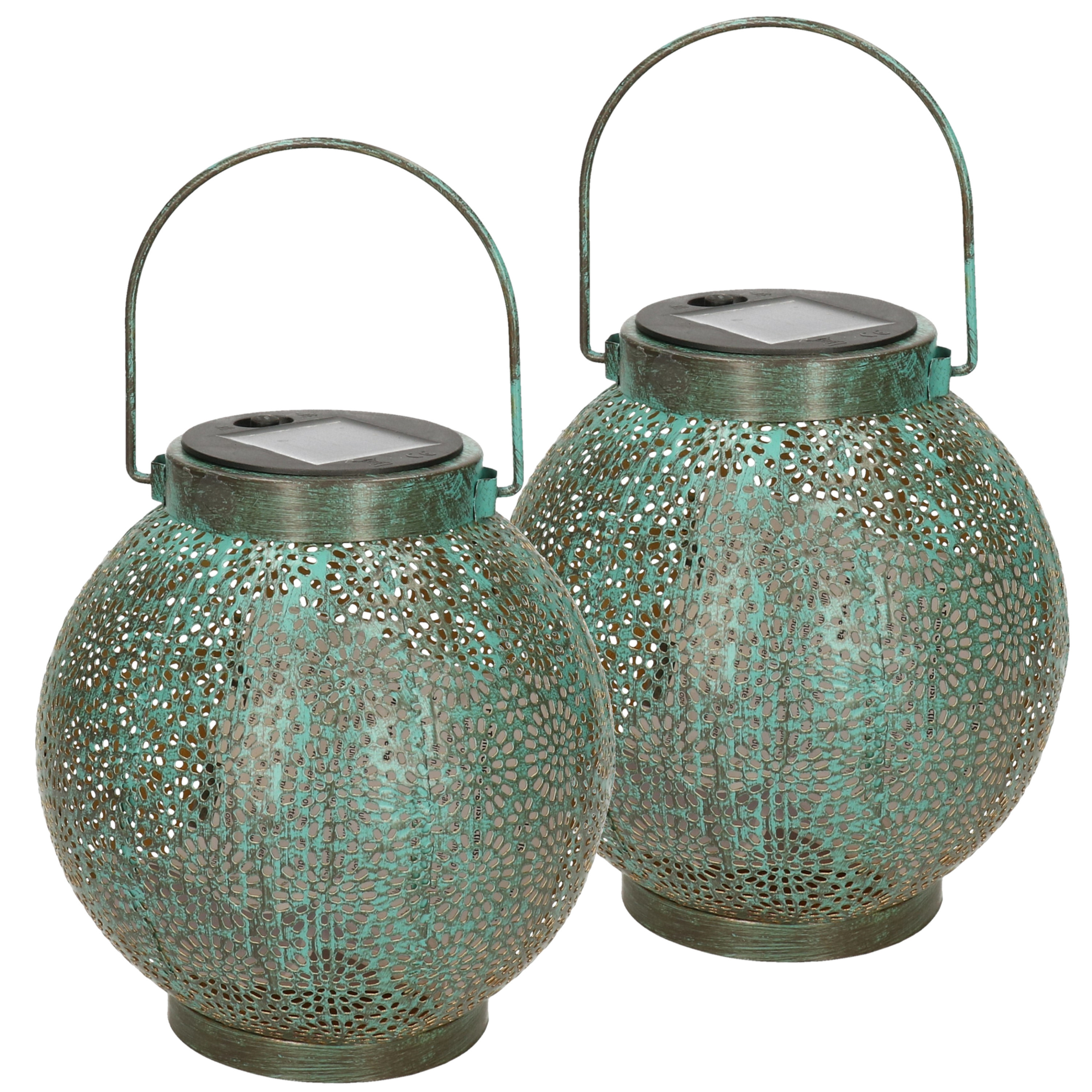 Solar lantaarn - 2x - vlam effect - antiek - turquoise - metaal - 14 x 16 cm -