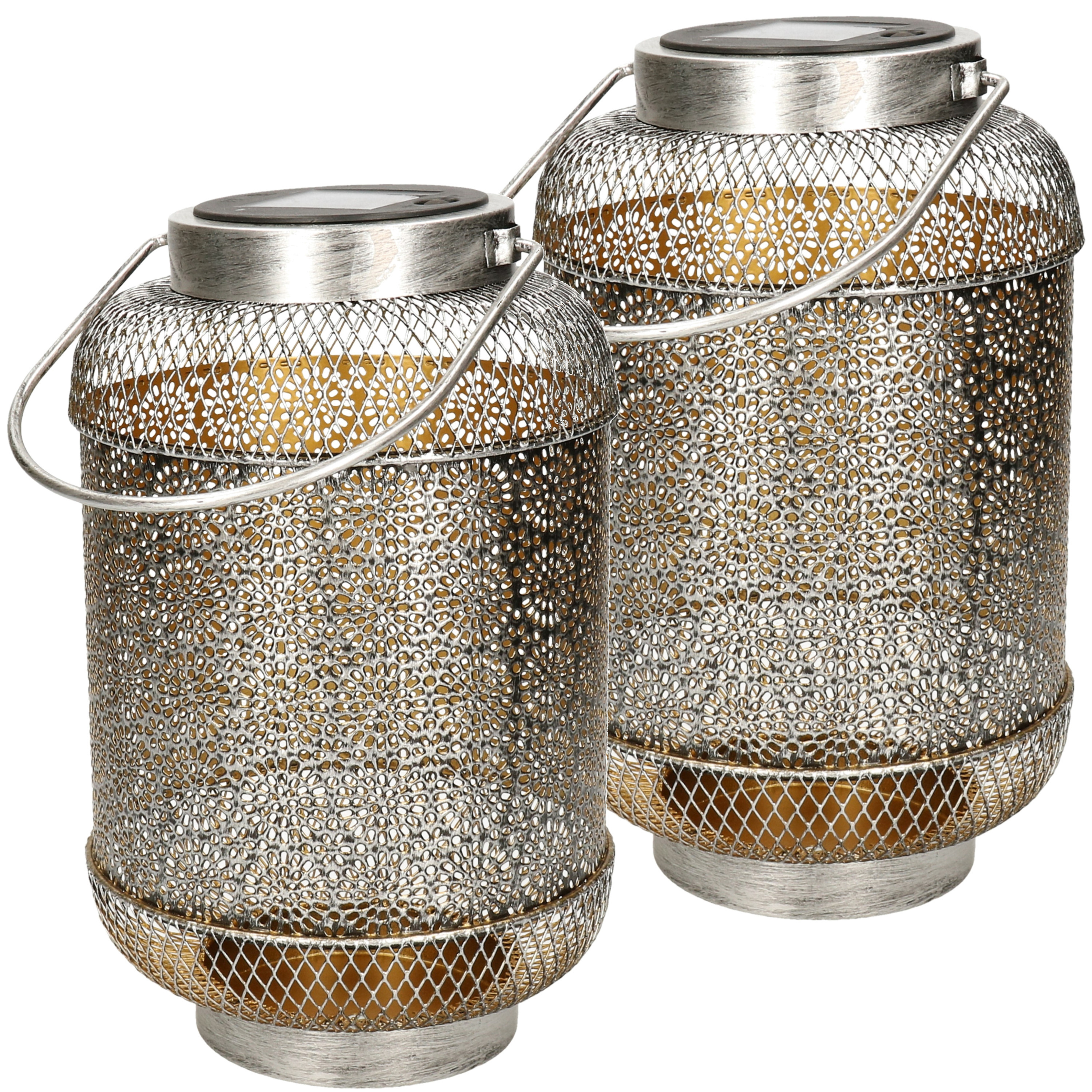 Solar lantaarn - 2x - vlam effect - antiek - zilver - metaal - 16 x 26 cm -