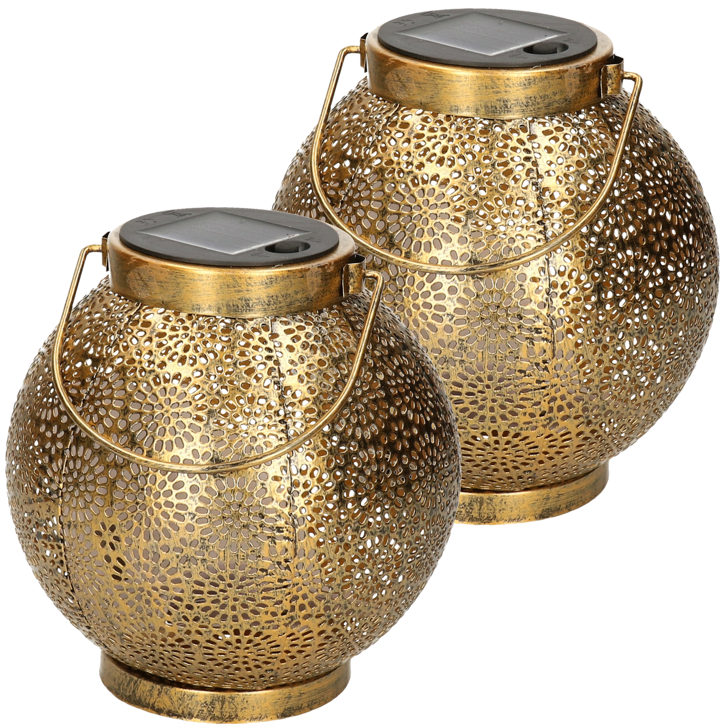 Solar lantaarn - 2x - vlam effect - antiek - goud - metaal - 14 x 16 cm -