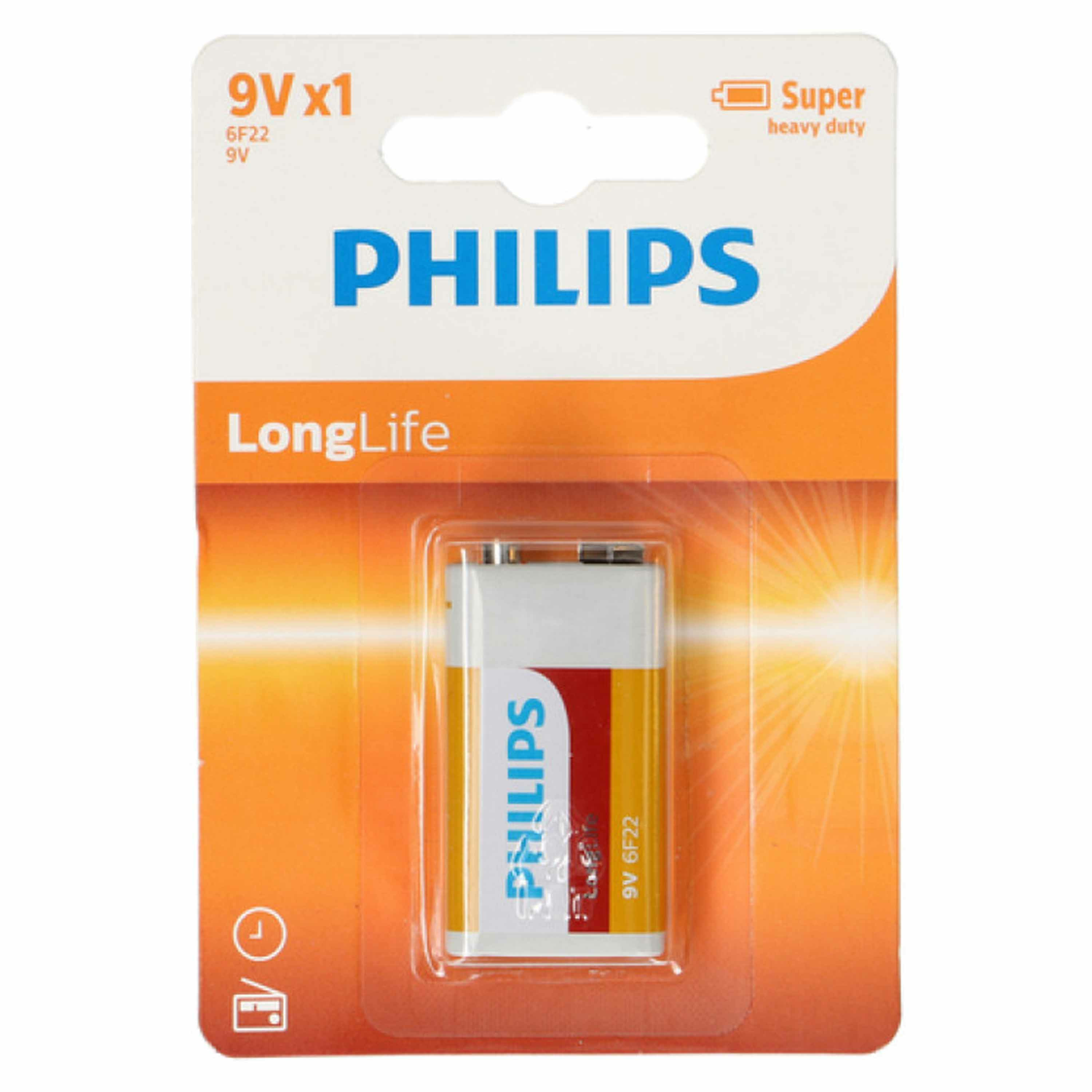 1x Philips 9V Long life batterij alkaline - 9 volt blokbatterijen -