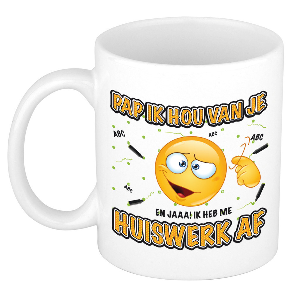 Cadeau mok/beker - huiswerk - wit - 300 ml - Vaderdag / verjaardag -