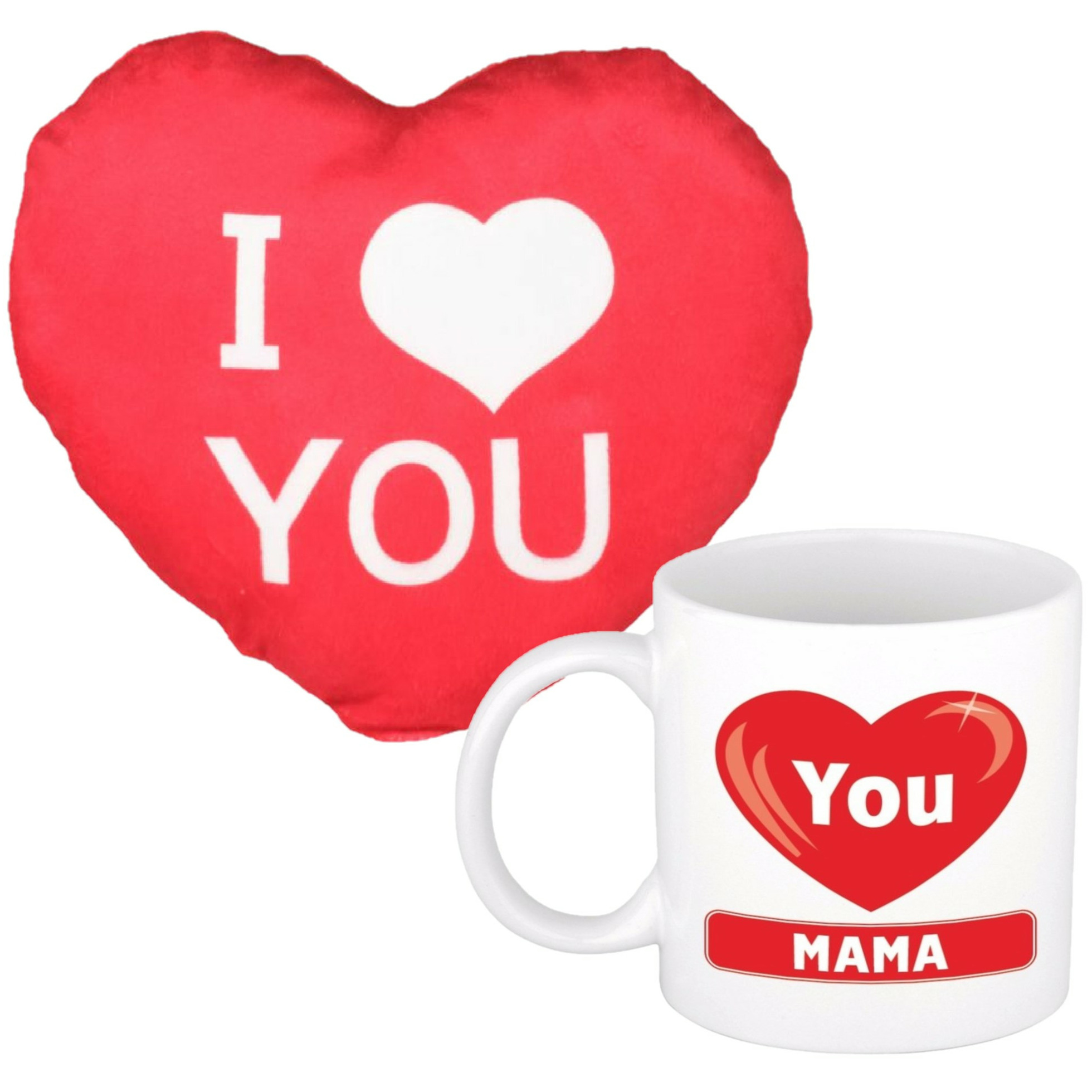 I love you Mama mok/beker 300 ml incl. sierkussentje hart vorm 15 cm -