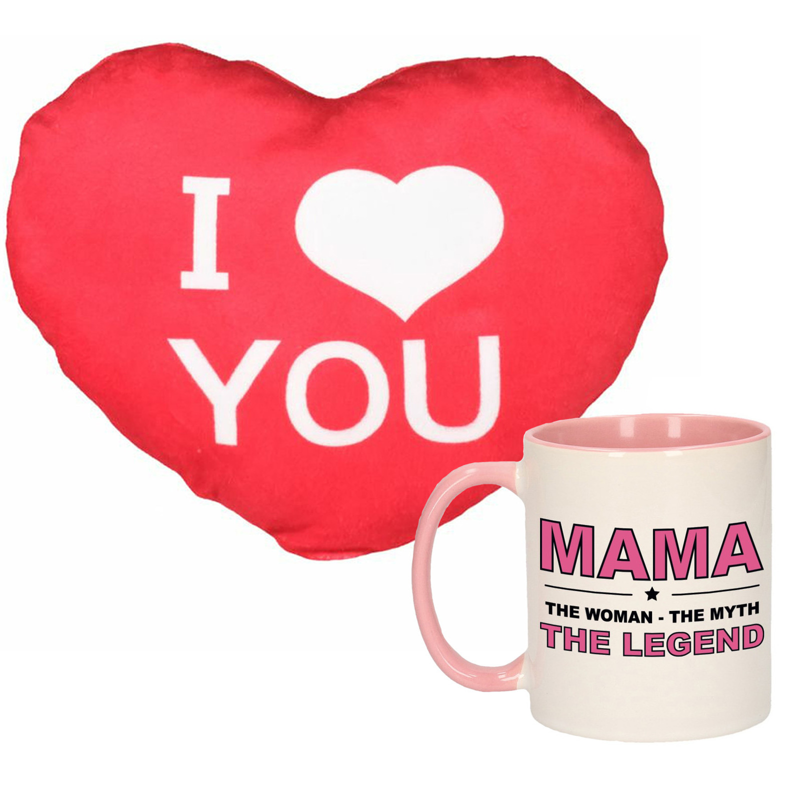 Mama the legend mok/beker 300 ml roze incl. sierkussentje hart vorm 15 cm -