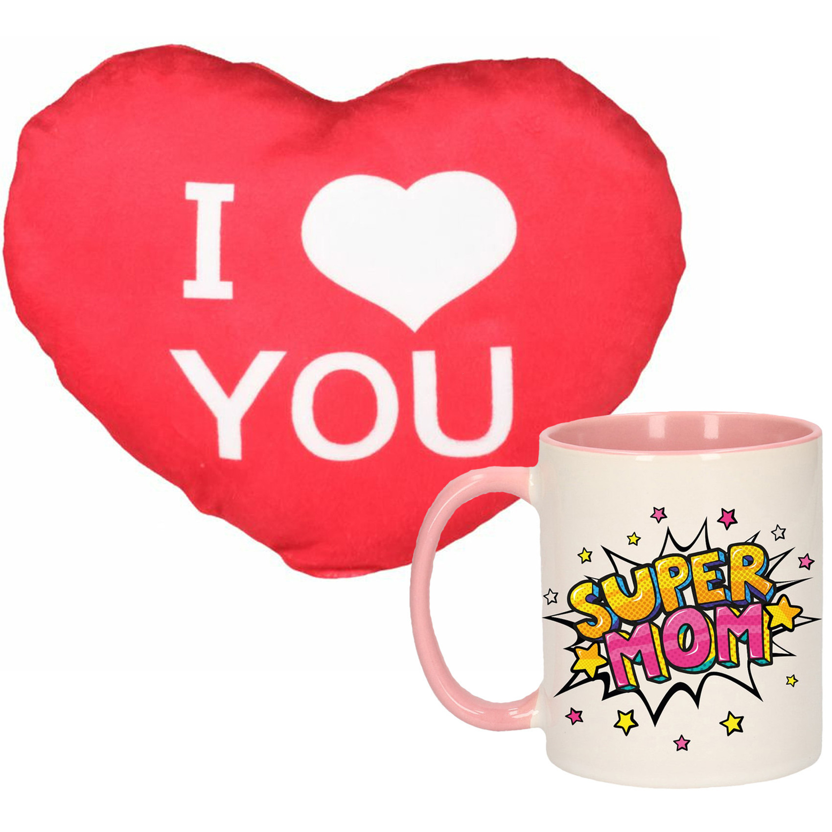 Super mom mok/beker 300 ml roze incl. sierkussentje hart vorm 12 cm -
