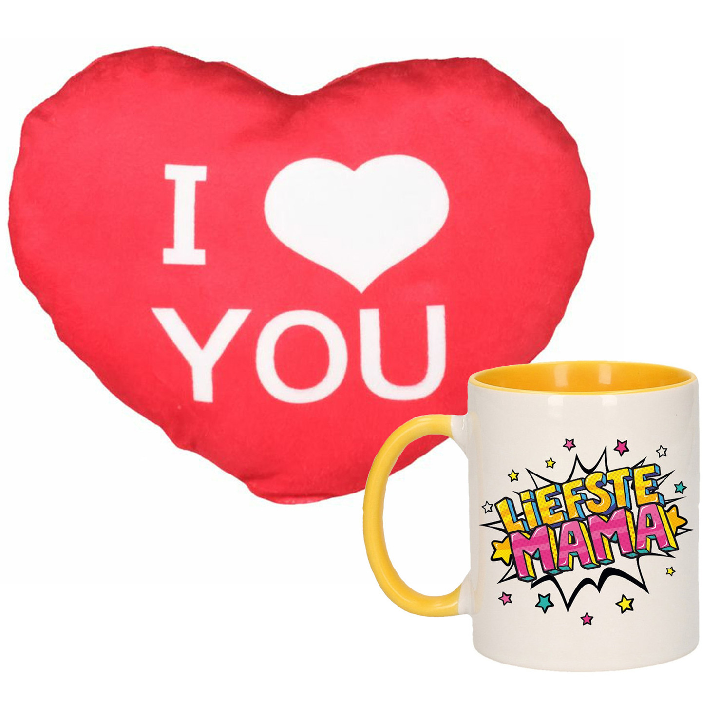 Liefste mama mok/beker 300 ml geel incl. sierkussentje hart vorm 12 cm -