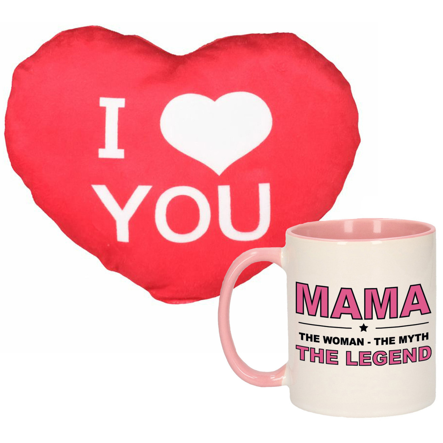 Mama the legend mok/beker 300 ml roze incl. sierkussentje hart vorm 12 cm -