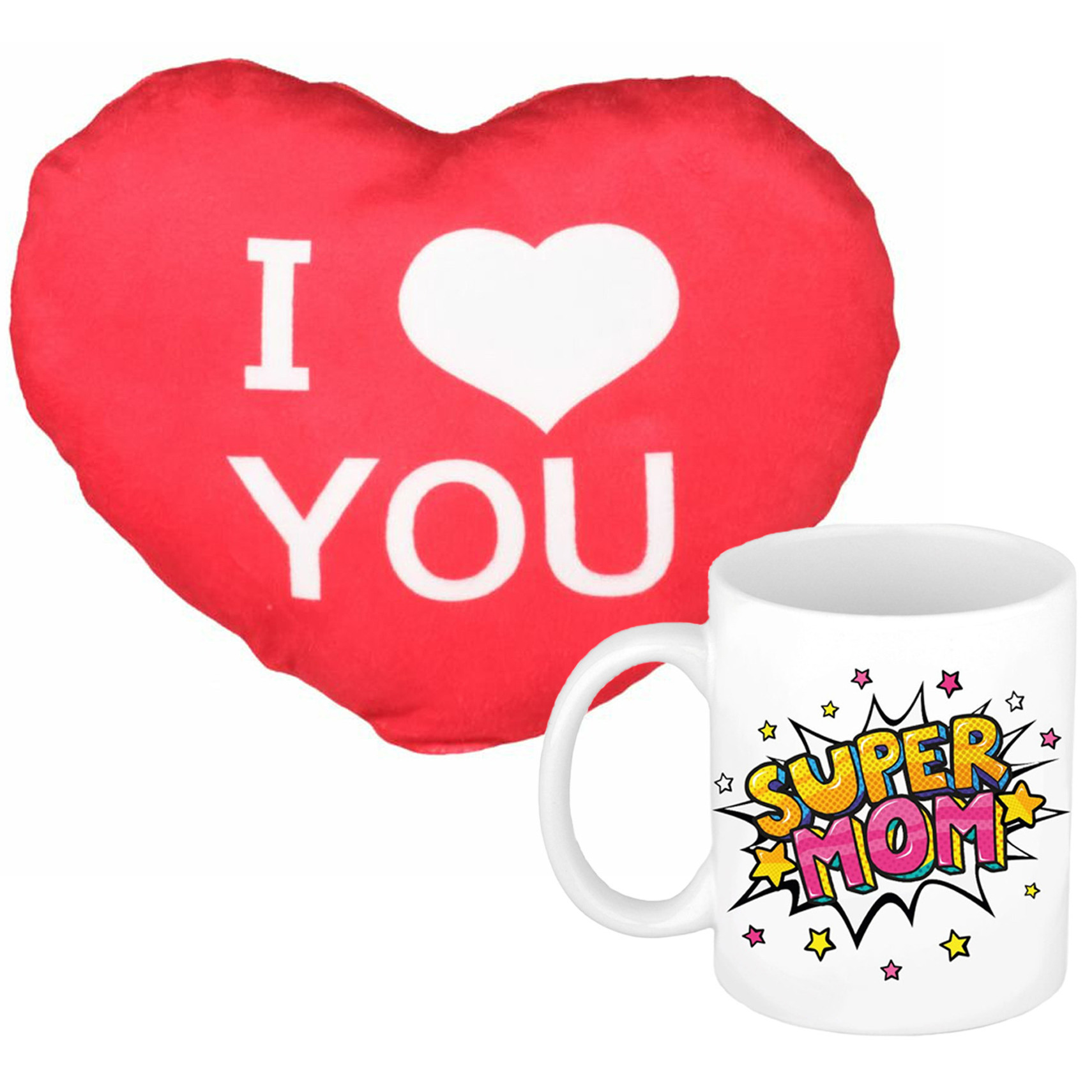 Super mom mok/beker 300 ml wit incl. sierkussentje hart vorm 12 cm -