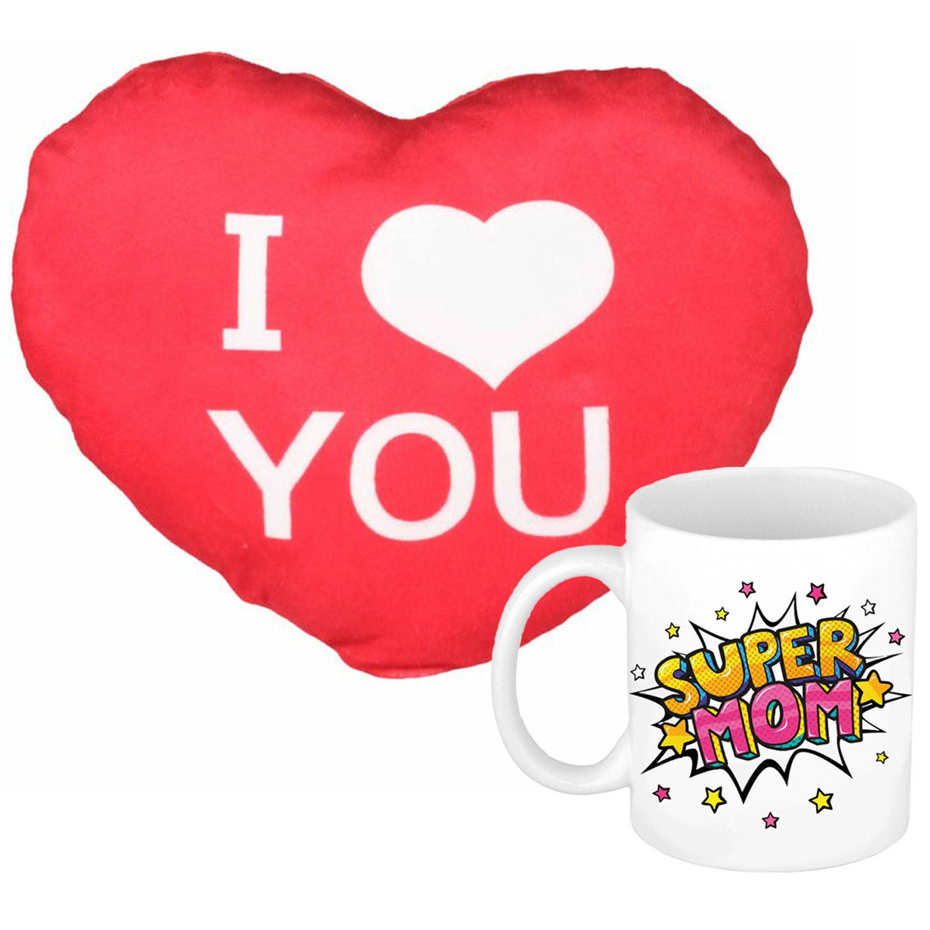 Super mom mok/beker 300 ml wit incl. sierkussentje hart vorm 15 cm -
