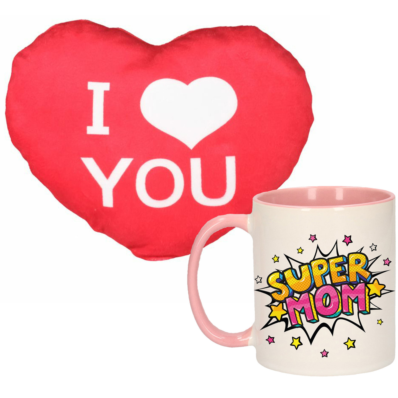 Super mom mok/beker 300 ml roze incl. sierkussentje hart vorm 15 cm -