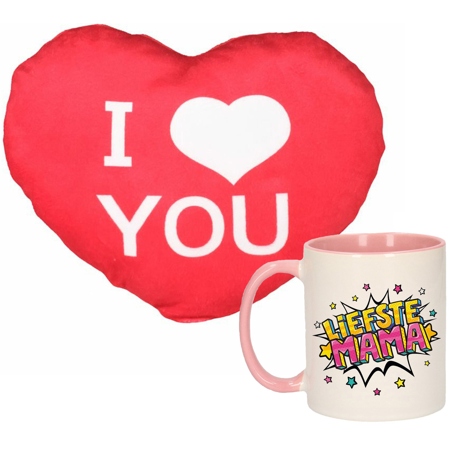 Liefste mama mok/beker 300 ml roze incl. sierkussentje hart vorm 15 cm -