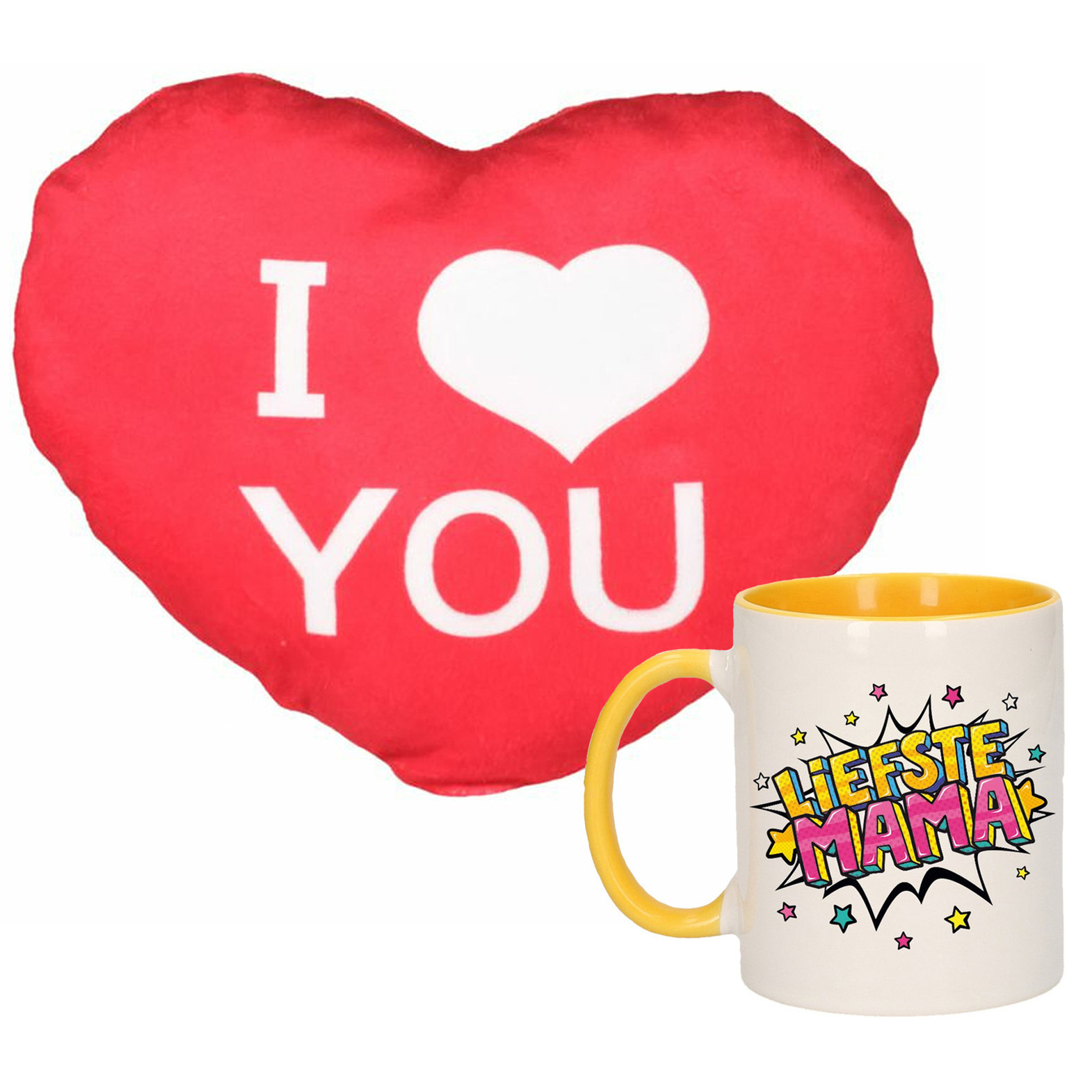 Liefste mama mok/beker 300 ml geel incl. sierkussentje hart vorm 15 cm -