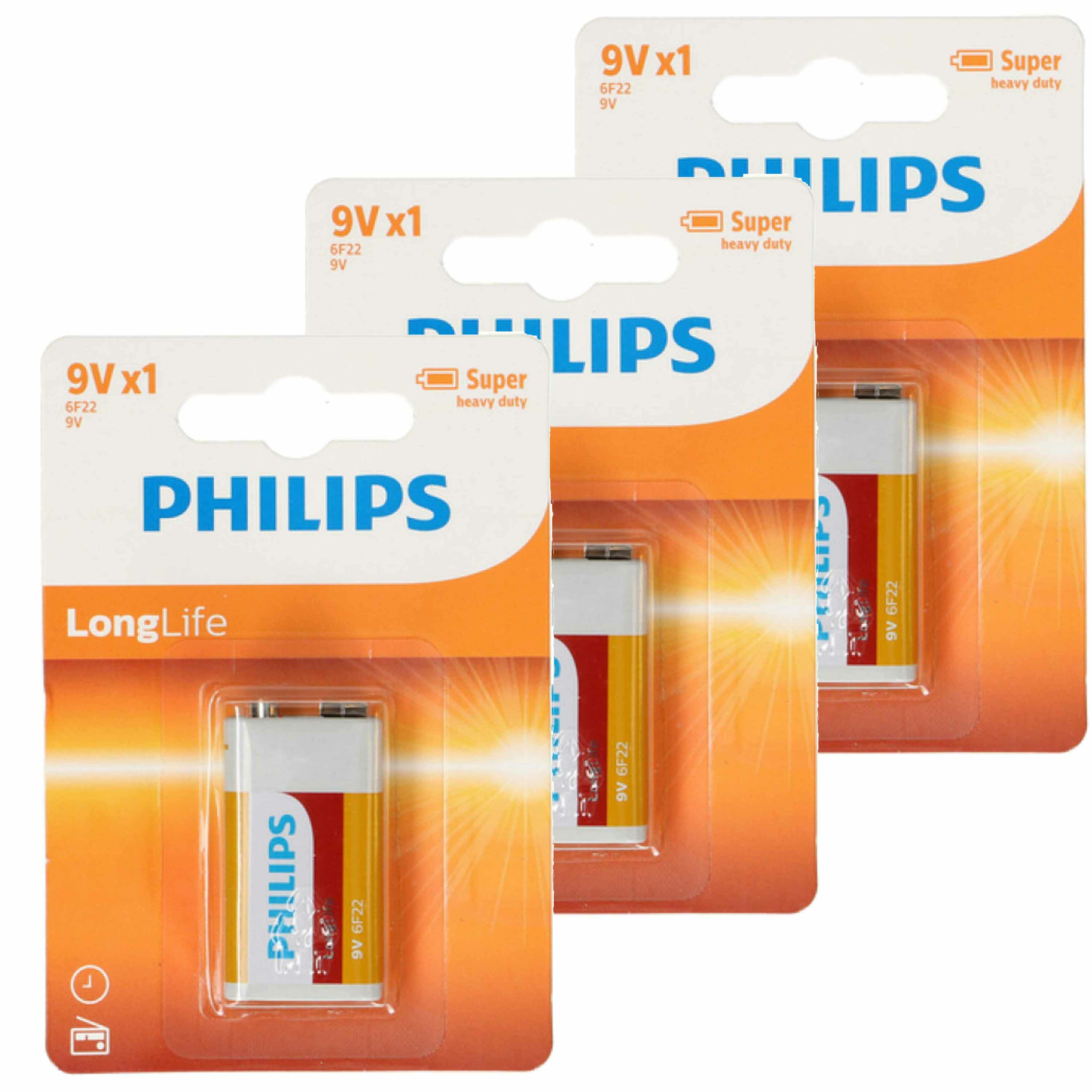 Philips 9V Long life batterij alkaline - 3x - 9 volt blokbatterijen -