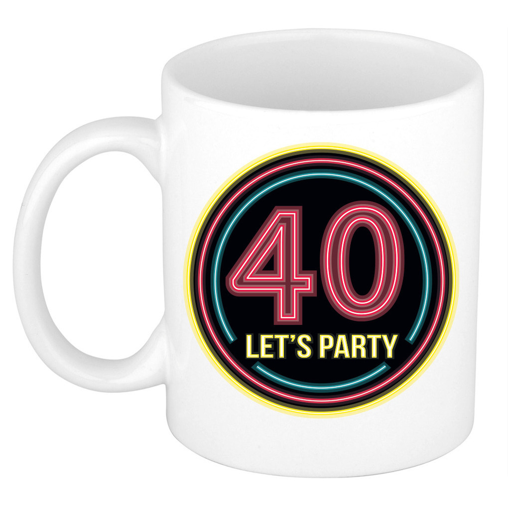 Verjaardag mok / beker - Lets party 40 jaar - neon - 300 ml - verjaardagscadeau -