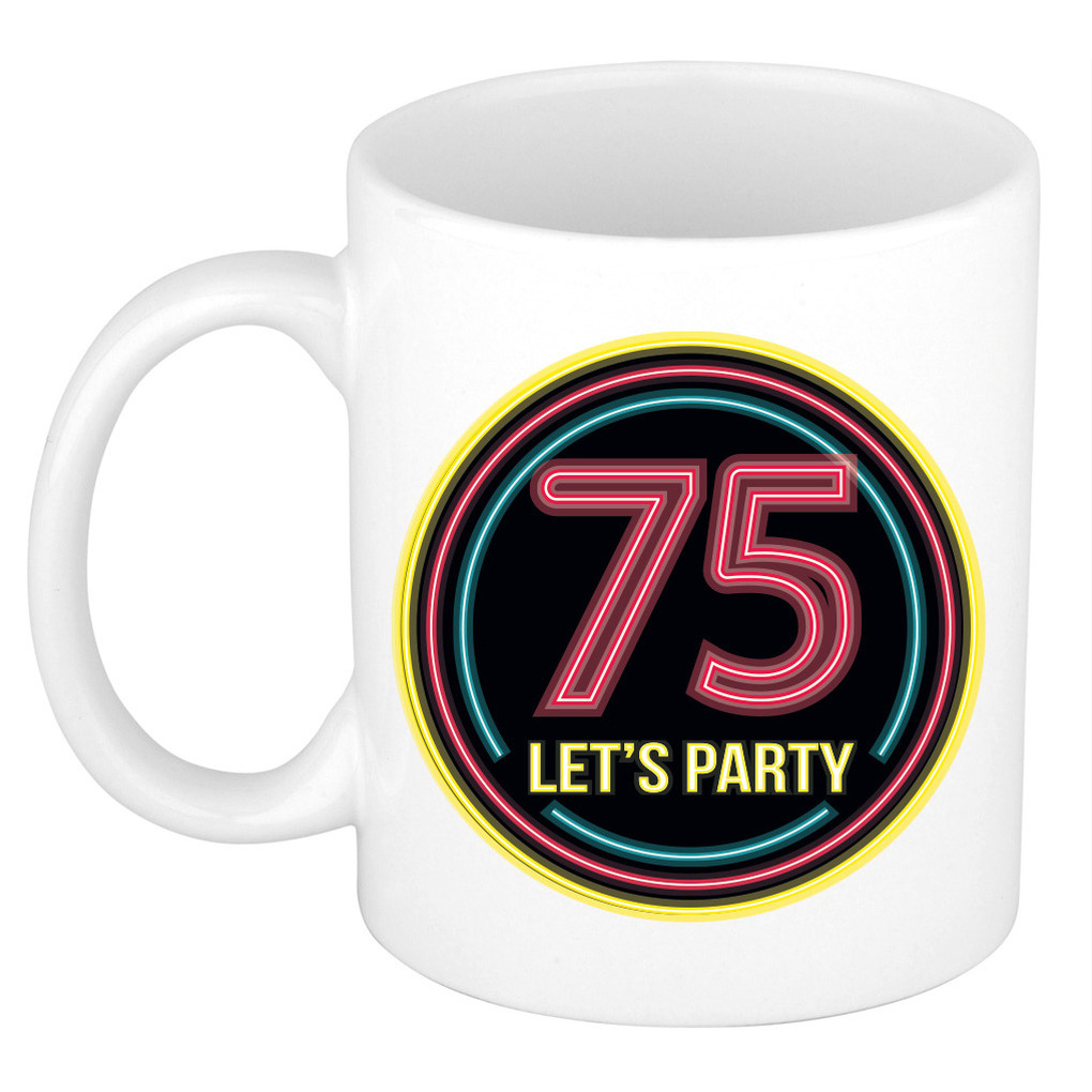 Verjaardag mok / beker - Lets party 75 jaar - neon - 300 ml - verjaardagscadeau -