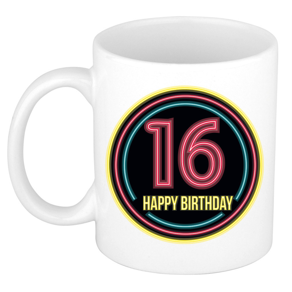 Verjaardag mok / beker - happy birthday 16 jaar - neon - 300 ml - verjaardagscadeau -