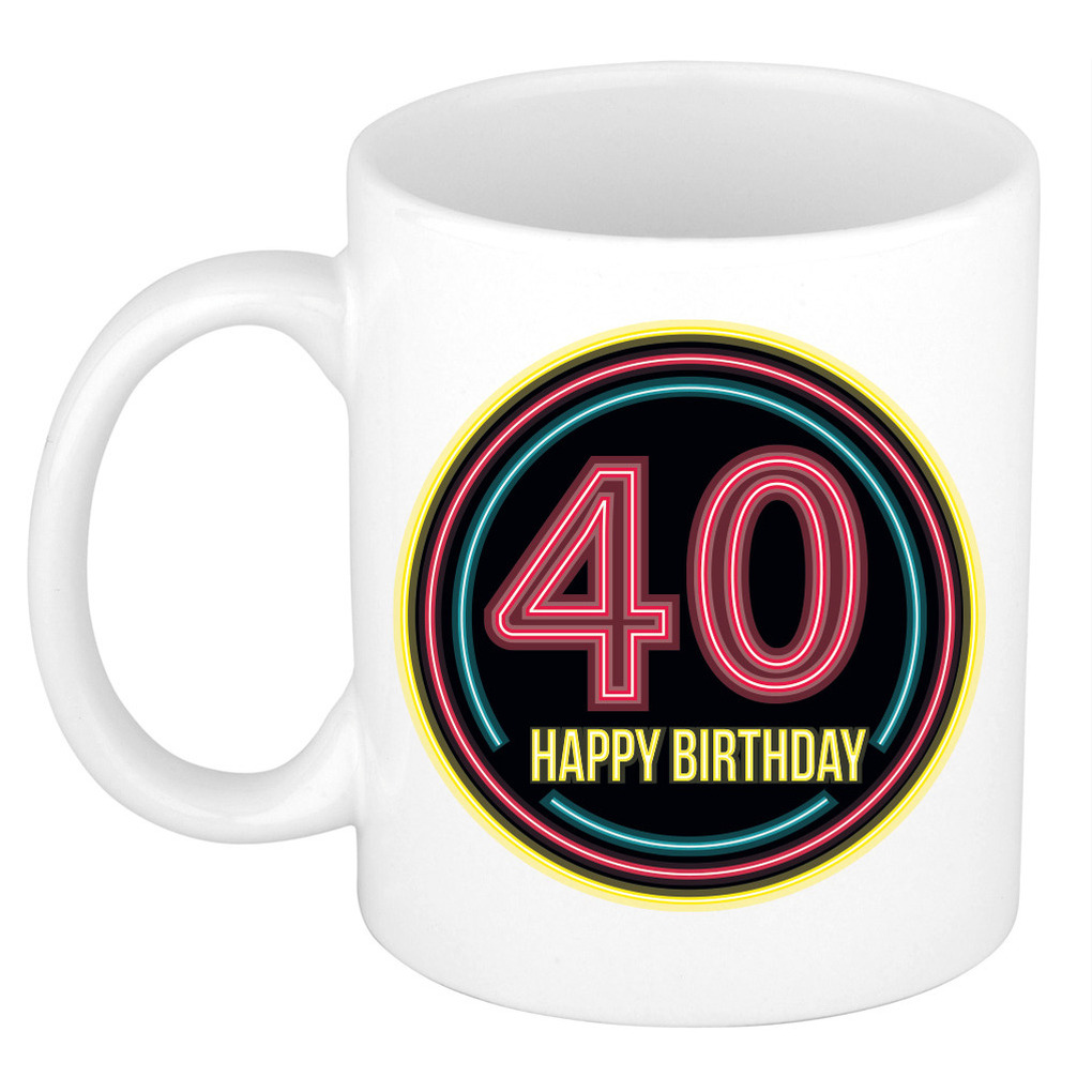 Verjaardag mok / beker - happy birthday 40 jaar - neon - 300 ml - verjaardagscadeau -
