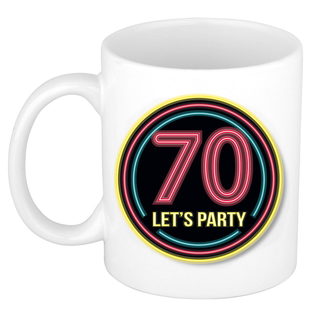 Verjaardag mok / beker - Lets party 70 jaar - neon - 300 ml - verjaardagscadeau -