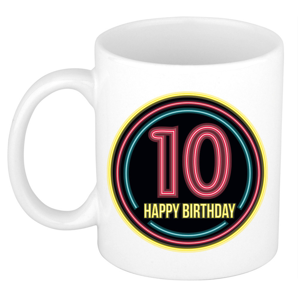 Verjaardag mok / beker - happy birthday 10 jaar - neon - 300 ml - verjaardagscadeau -