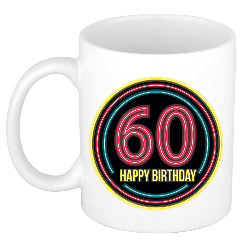 Verjaardag mok / beker - happy birthday 60 jaar - neon - 300 ml - verjaardagscadeau -
