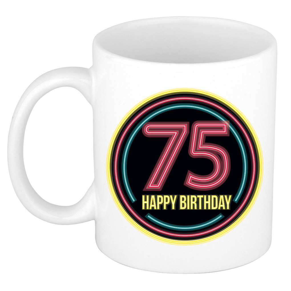 Verjaardag mok / beker - happy birthday 75 jaar - neon - 300 ml - verjaardagscadeau -