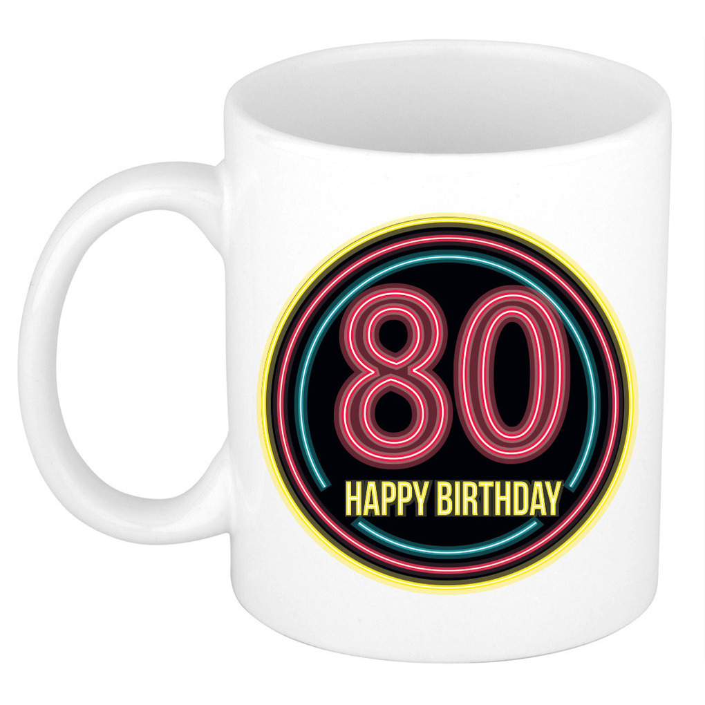 Verjaardag mok / beker - happy birthday 80 jaar - neon - 300 ml - verjaardagscadeau -