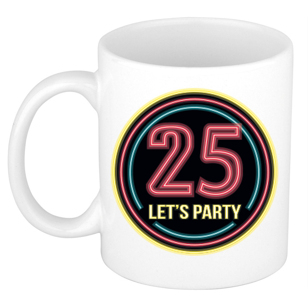 Verjaardag mok / beker - Lets party 25 jaar - neon - 300 ml - verjaardagscadeau -