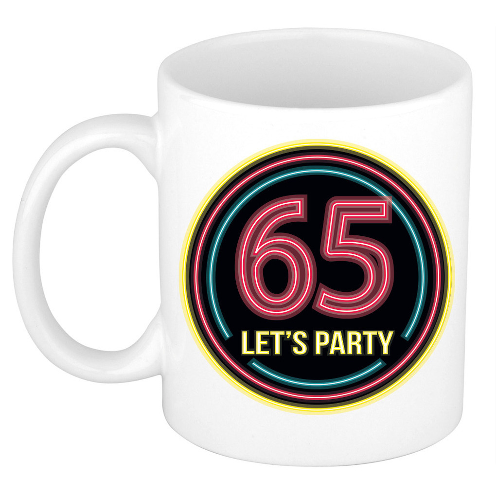 Verjaardag mok / beker - Lets party 65 jaar - neon - 300 ml - verjaardagscadeau -